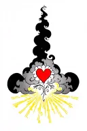 red heart shape, clouds, yellow rays, floral patterns, Norse cross tattoo design idea