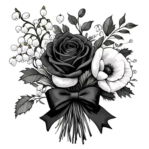 lily of the valley, holly berry, poppy and rose wrapped together with a bow ribbon in a bouquet birth flowers tattoo design idea