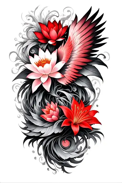 multiple fine line lotus and red Lilly  flowers intertwined and phoenix intertwined  tattoo design idea