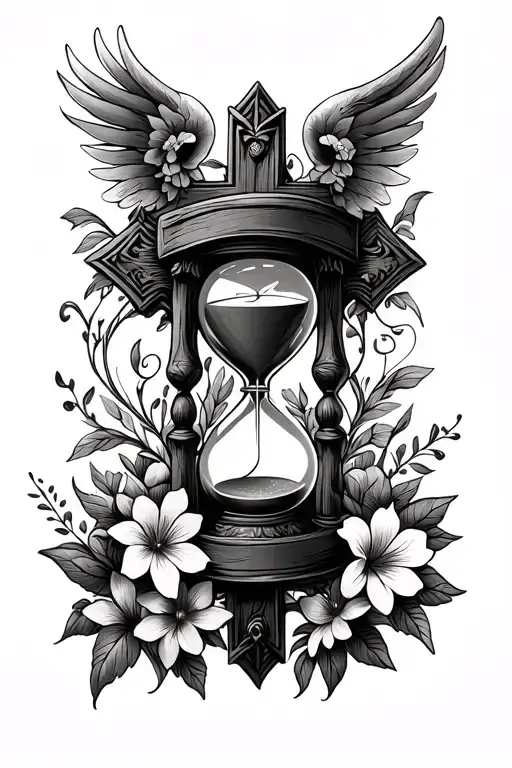 Black and white holy cross intertwined with hourglass, flowers and wings black and white drawing tattoo design idea