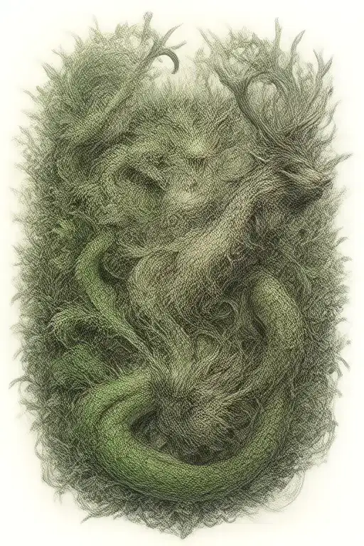 a Celtic design with 3 separate creatures. a sea serpent, a green dragon and a stag surrounded by ivy tattoo design idea