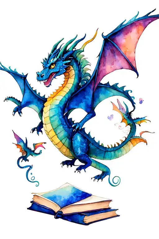 Dragon And Books and little dragons flying tattoo design idea