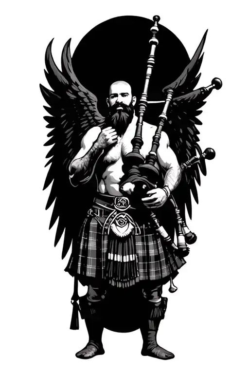 shirtless muscular bagpiper bald black beard playing bagpipes hoge black wings tattoo design idea