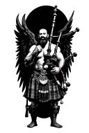 shirtless muscular bagpiper bald black beard playing bagpipes hoge black wings tattoo design idea