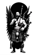 shirtless muscular bagpiper bald black beard playing bagpipes hoge black wings tattoo design idea
