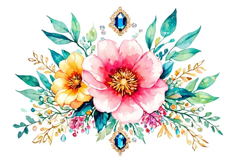 narrow elegant floral garter with gems tattoo design idea