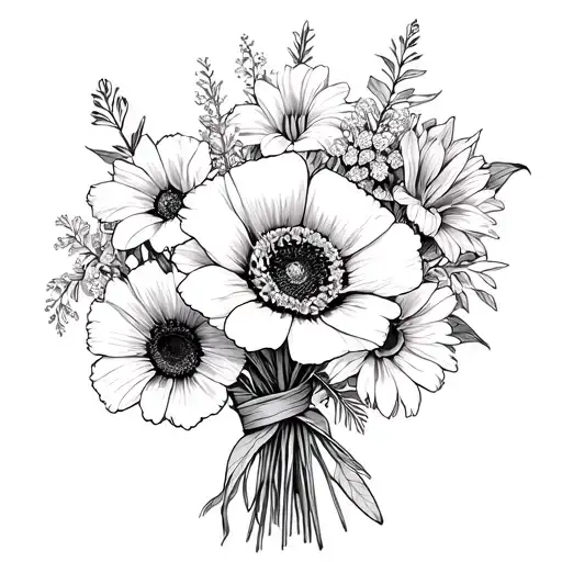 bouquet ties with poppy, daylily, lilac, sunflower tattoo design idea