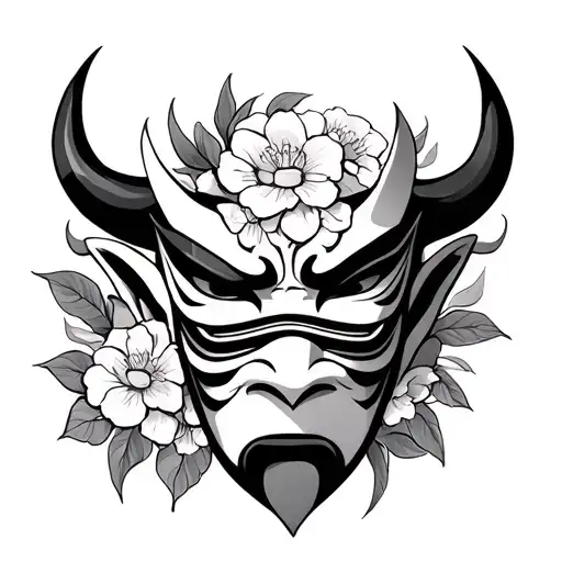 make an Oni mask looking sideways, with flowers around it, in blackwork style tattoo design idea