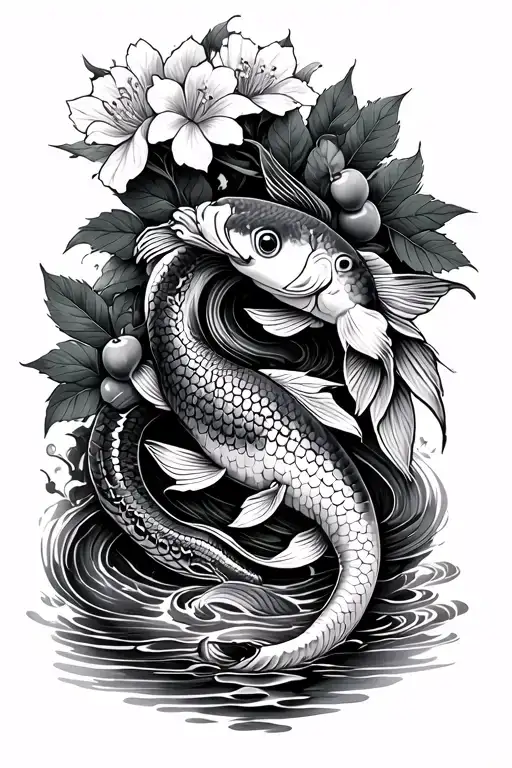 Right arm with cherry in the river flower with carp koi, geisha and a snake that returns to the pec tattoo design idea