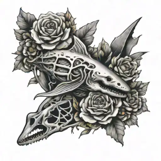 flowers intertwined and growing out of a skeleton shark   tattoo design idea