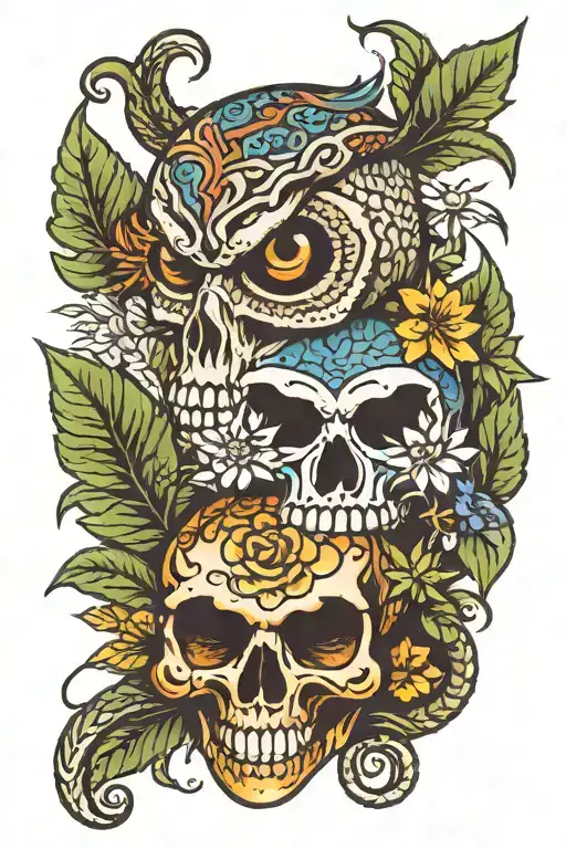 skull owl weed om snake  tattoo design idea