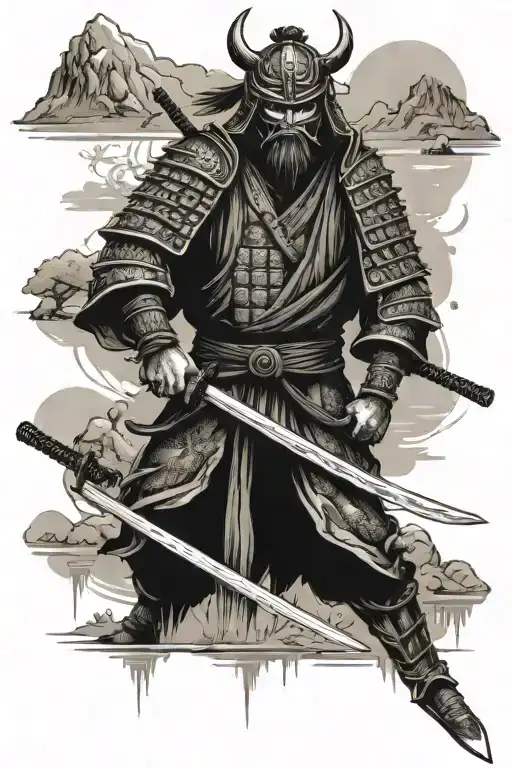 samurai with full body armor with katana and oni mask near mountain and water lake tattoo design idea