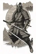 samurai with full body armor with katana and oni mask near mountain and water lake tattoo design idea