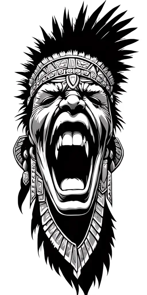 realistic Aztec warrior screaming tattoo design idea