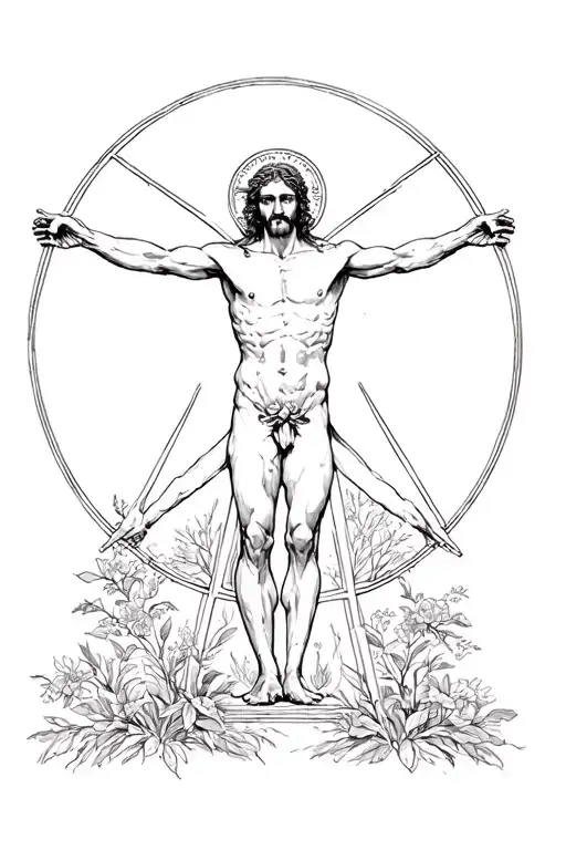 Vitruvian Man nature trees flowers tattoo design idea