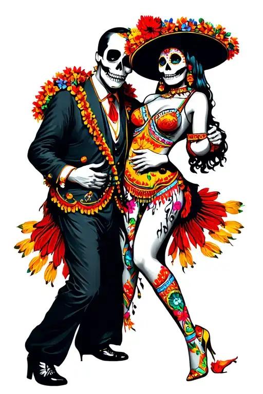 folklorico Mariachi skull man dancing closely with sexy lady la muerte, dia de los muertos  theme and Aztec tribal tattoo design idea