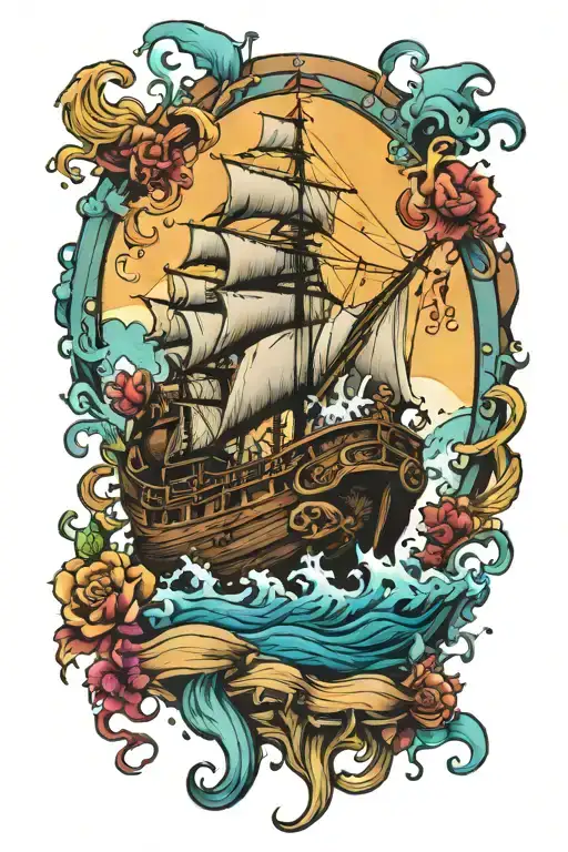 sunken ship underwater scene with colorful tattoo design idea