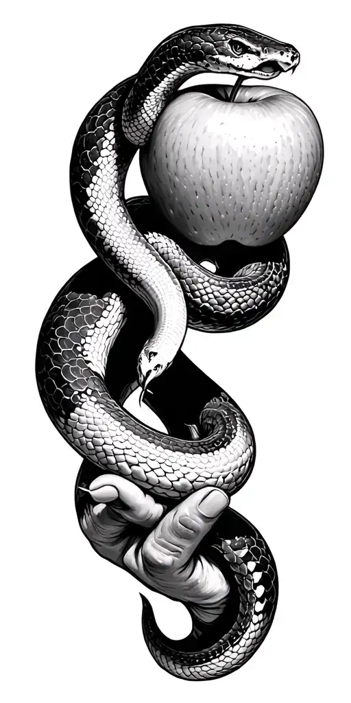 snake traveling down arm bitting apple on back of hand  tattoo design idea