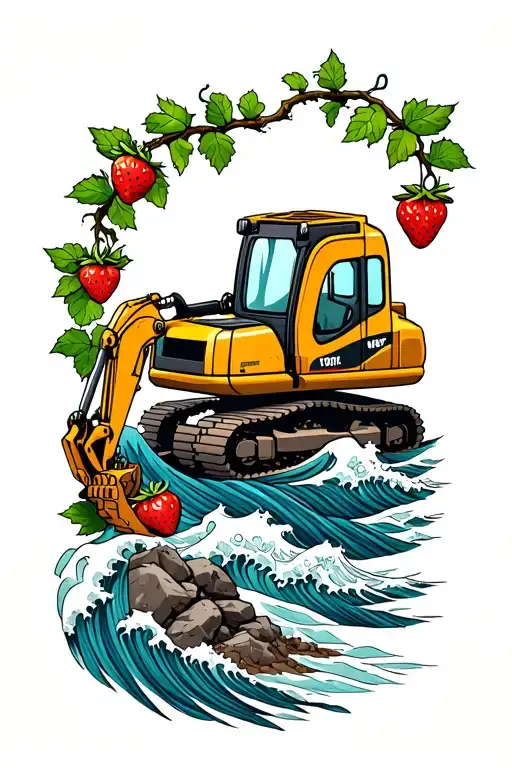 wristband of waves and rocks with an excavator digging up strawberry vines wrapping around the arm  tattoo design idea