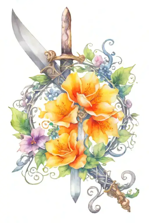 sword with antler handle and vines wrapping tattoo design idea