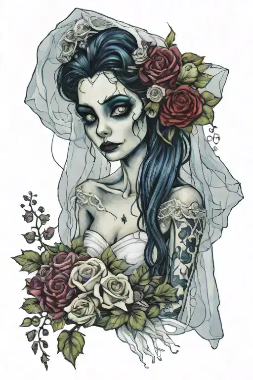 The Corpse bride from the tim burton film in her original wedding dress and veil holding her bouquet of flowers tattoo design idea