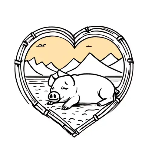 sleeping cartoon pig on beach with mountains, in a bamboo heart frame tattoo design idea