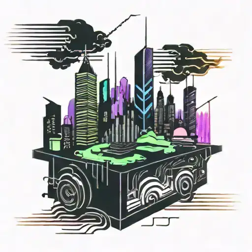 A futuristic cityscape with neon lights and sound waves representing EDM music tattoo design idea