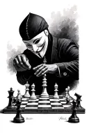 a realistic black and white tattoo with an anonymous mask playing chess. on the chessboard the bishop is alone in front  tattoo design idea