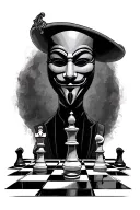 a realistic black and white tattoo with an anonymous mask playing chess. on the chessboard the bishop is alone in front  tattoo design idea