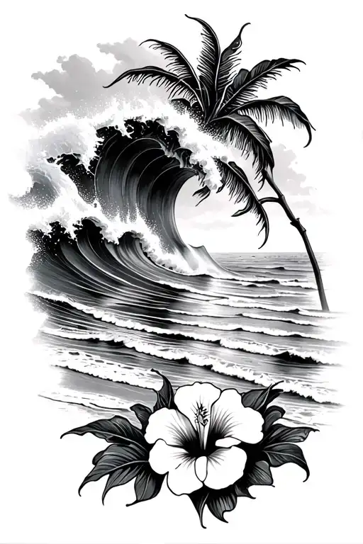 ocean waves crashing on beach with hibiscus flowers on the bottom tattoo design idea