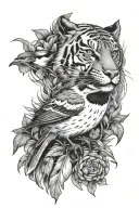 Chickadee bird with a tiger surrounded tattoo design idea