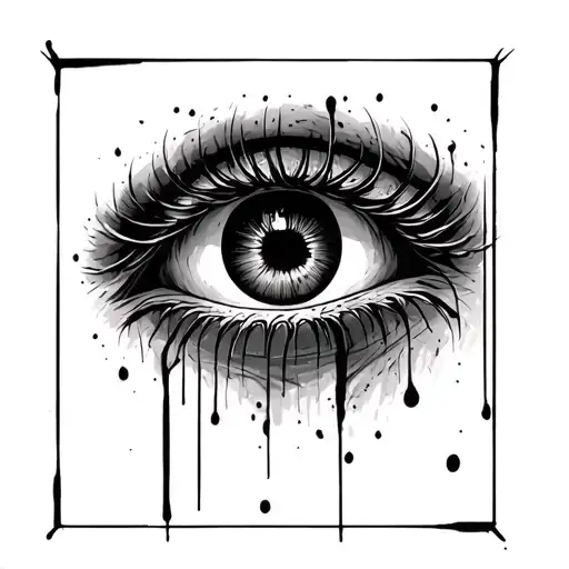 "A tired and exhausted eye inside a black square. The eye appears sunken, with heavy, drooping eyelids barely able to st tattoo design idea