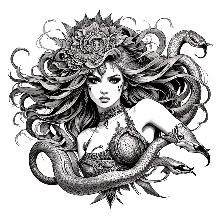 warrior girl Versace pattern incorporating elements and furious waves and snakes  tattoo design idea