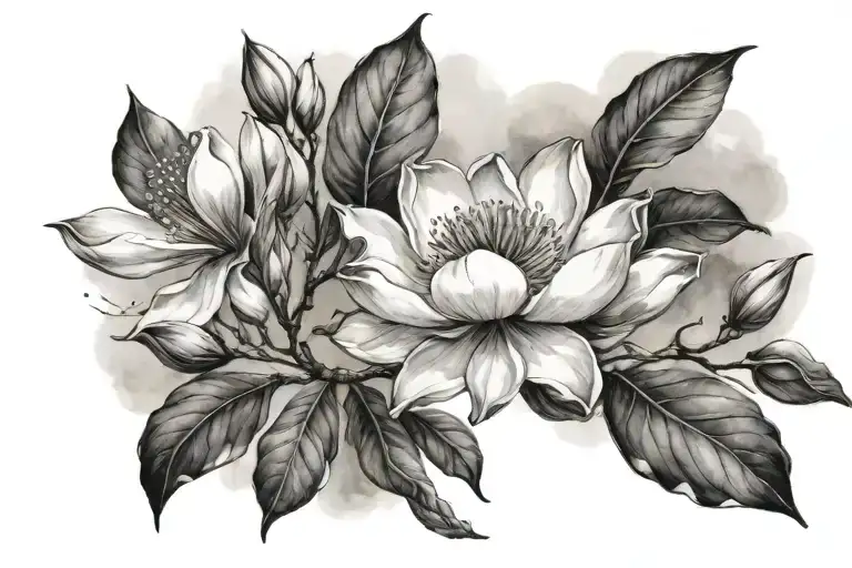 magnolia tree flower, watercolor over black and grey celestial scene  tattoo design idea