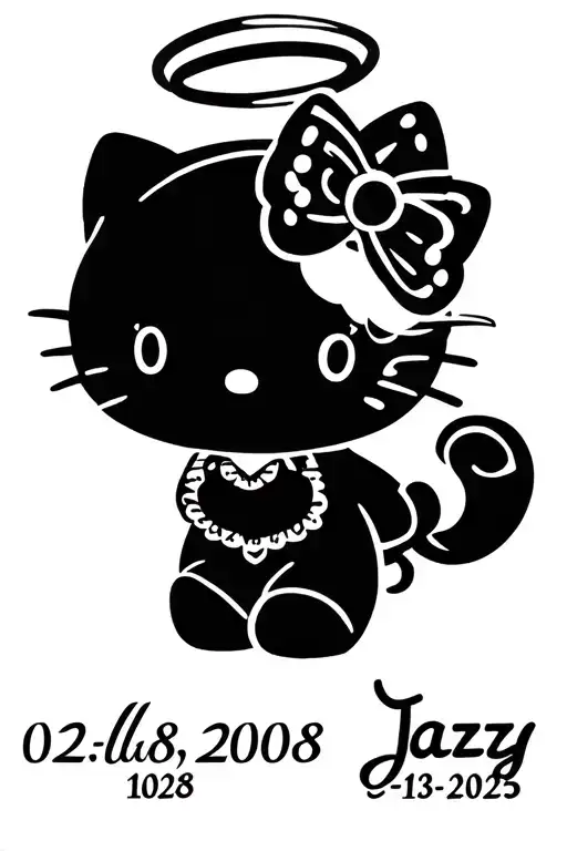 hello kitty with a halo and jazzy underneath with 02-18-2008 and 09-13-2025 tattoo design idea