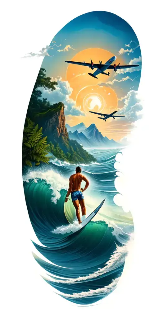 Waves, sea, fern, mountains, feathers, airplane, surfing, music tattoo design idea