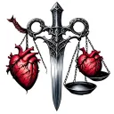 a thin medieval sword. The sword's cross-guard transforms into a balance scale between heart and mind tattoo design idea