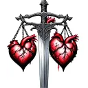 a thin medieval sword. The sword's cross-guard transforms into a balance scale between heart and mind tattoo design idea