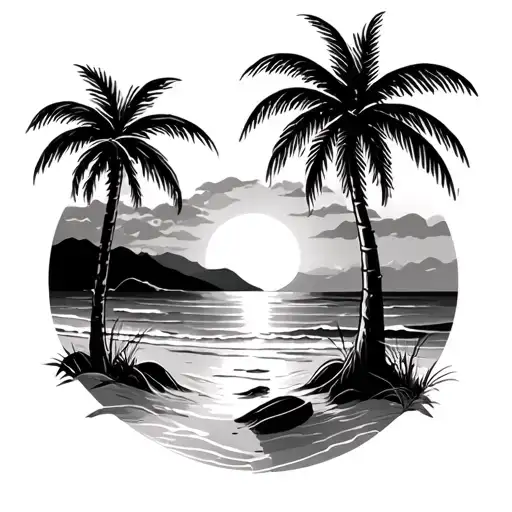 beach sunset between palm trees tattoo design idea