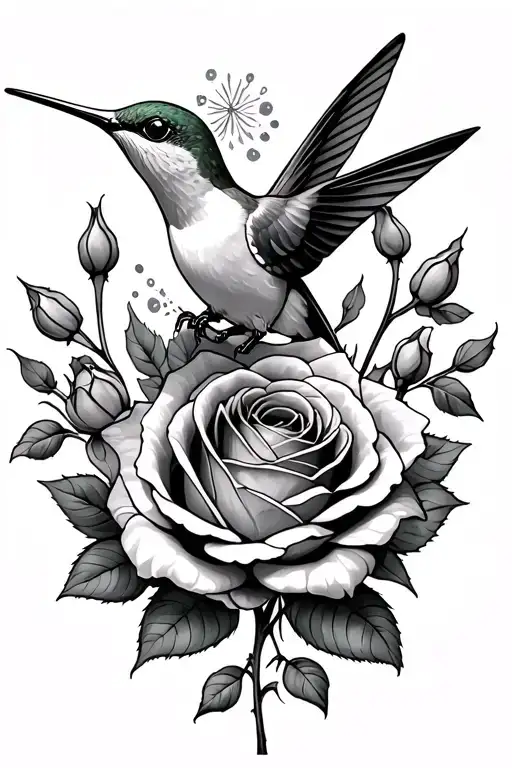hummingbird eating out of a rose with roses and rose buds around knee cap tattoo design idea