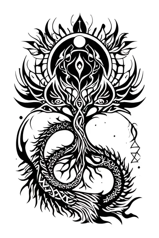 tribal design including army elements, tree of life, dna strand, goddess pagan moon sun, dragon tattoo design idea