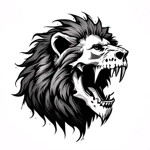lion roaring with half of its head in a skull tattoo design idea