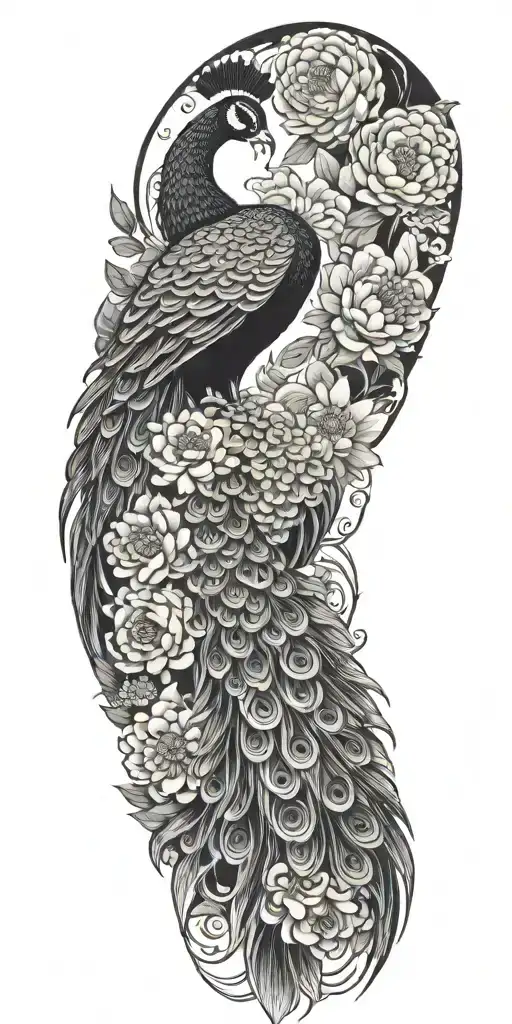 male peacock and chrysanthemum flowers japanese style around the arm tattoo design idea