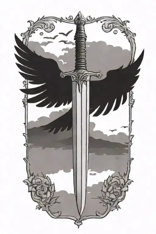 a think simple longsword with one side wing tattoo design idea