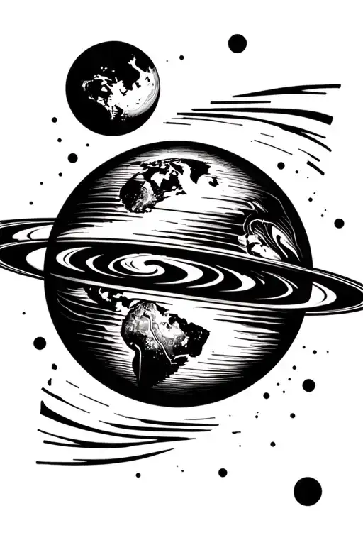 Planet Earth with the moon in orbit. Art showing gravitational waves between the two celestial bodies.  tattoo design idea