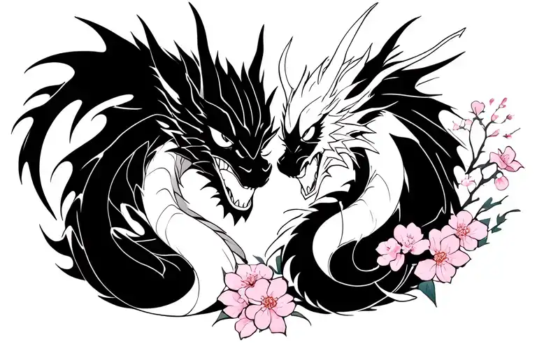Two black and white intertwined dragons, with the imouto symbol, with sakura flowers around tattoo design idea