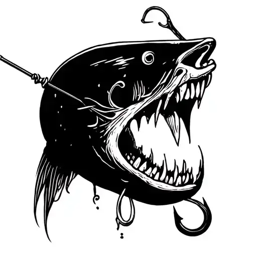A person bites the hook/fishing pin and he's dead tattoo design idea