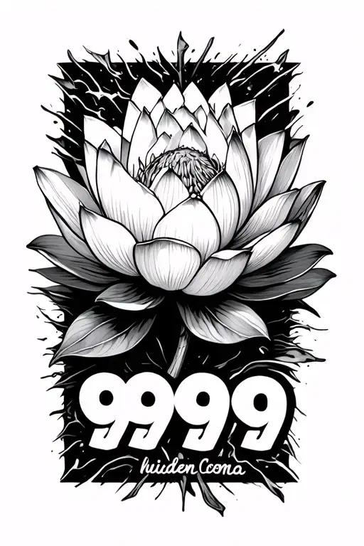 lotus flower with the words 999 printed, making a break in the stem. juice world inspired with hidden coma tattoo design idea