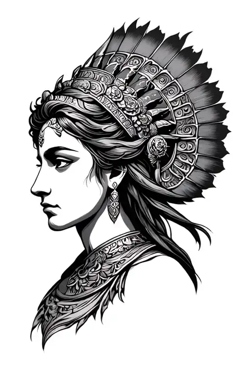 Tattoo of the goddess Hera looking to the side with a striking background tattoo design idea