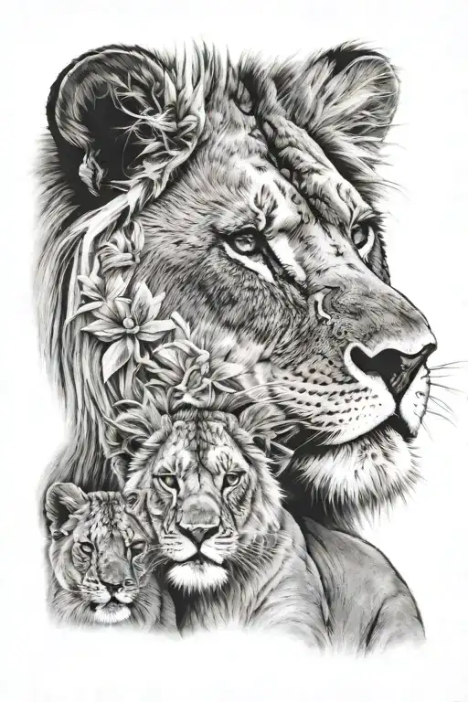 male lion looking over his 2 male lion cubs face only tattoo design idea